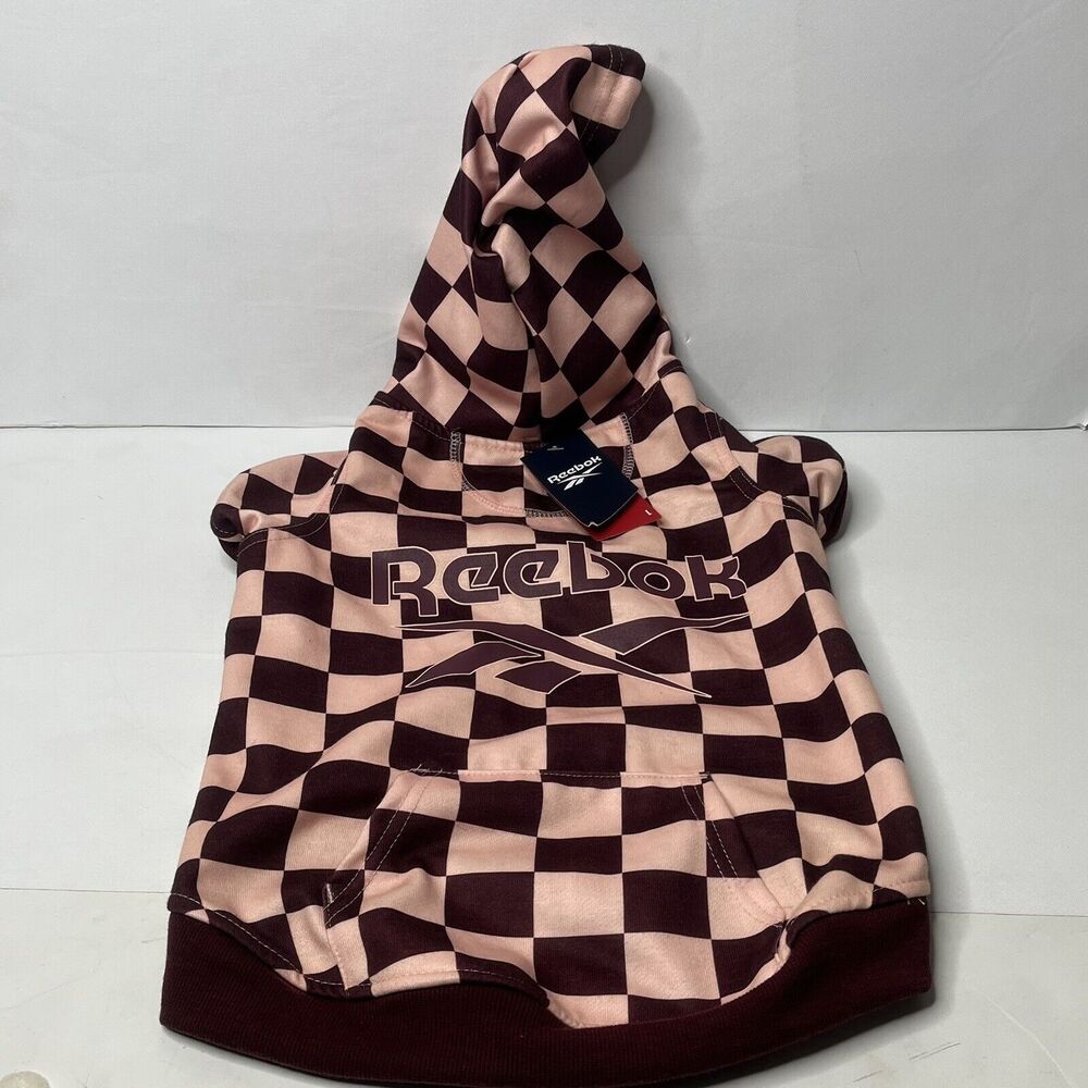 Reebok Pink Maroon Plaid Dog Hoodie Sweatshirt Size Large  (Chest 20-23”)